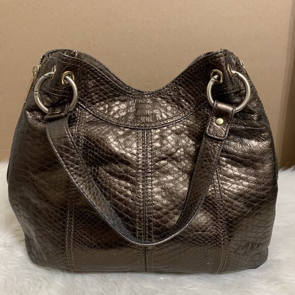 MICHAEL KORS Bronze Snakeskin Embossed Leather MOXLEY Shoulder Tote - Picture 13 of 16